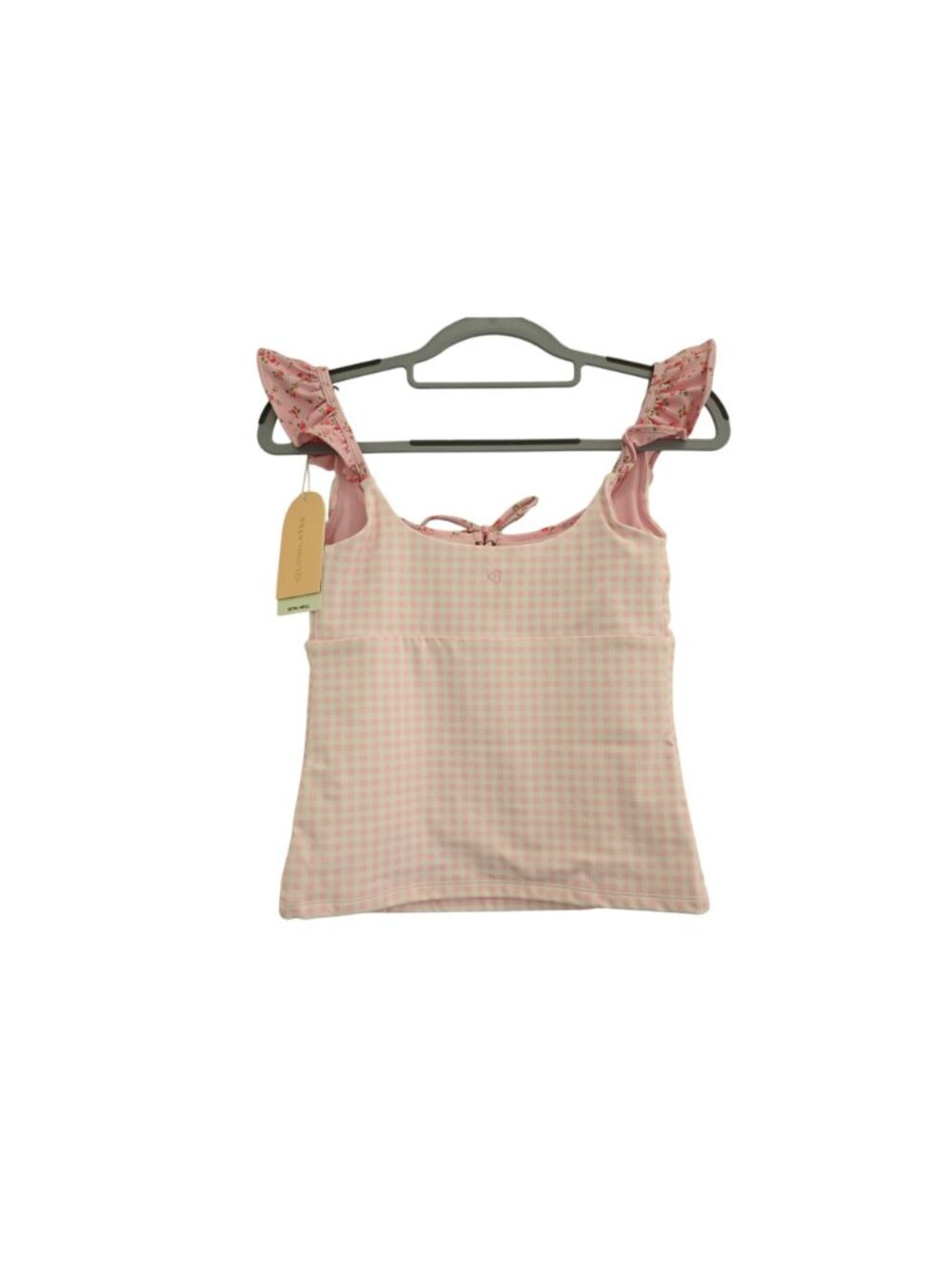 NWT Blogilates Ruffle Lace Up Tank Top XS Pink Gingham Floral Ruffle Tie Front - Picture 2 of 6
